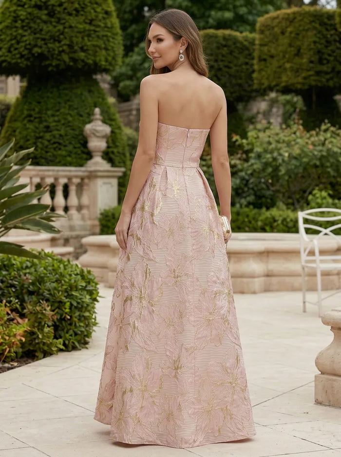 Jacquard A-Line Strapless Formal Dresses with 3D Flowers