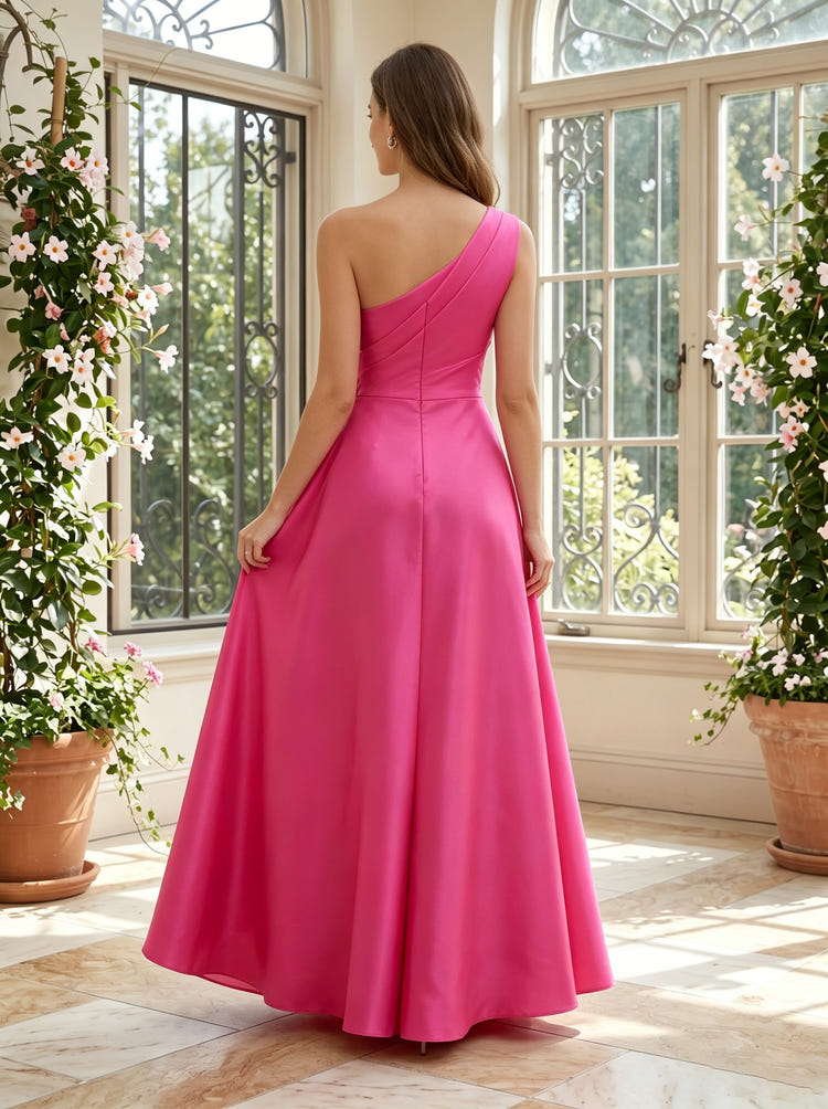 Satin A-Line One Shoulder Formal Dresses with 3D Flowers