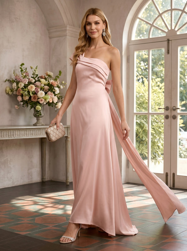 Satin High Low One Shoulder Formal Dresses with Bow