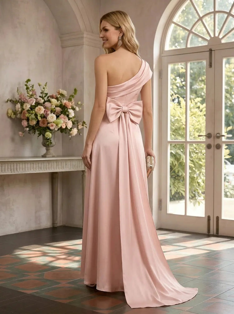 Satin High Low One Shoulder Formal Dresses with Bow