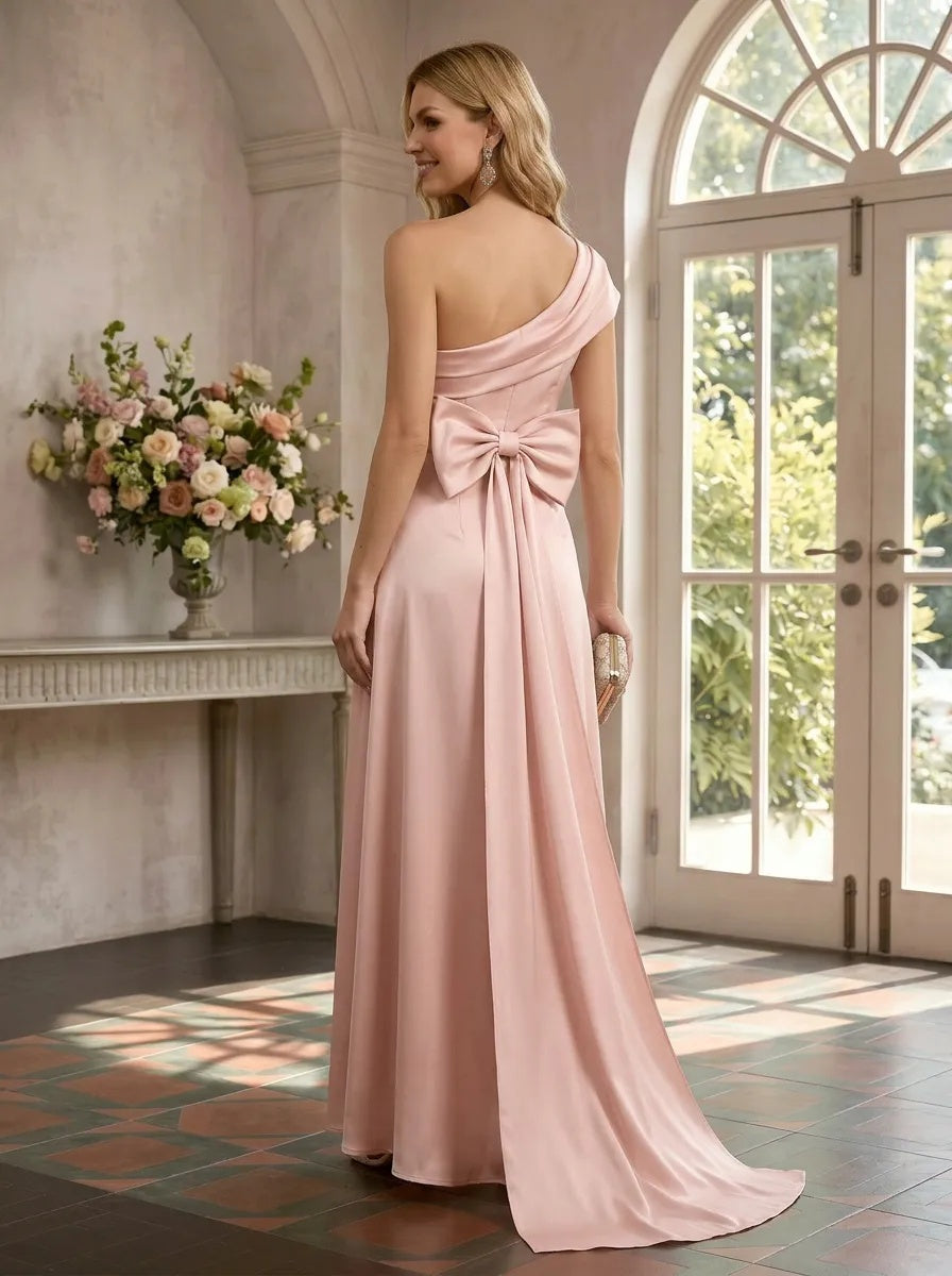 Satin High Low One Shoulder Formal Dresses with Bow