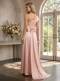 Satin High Low One Shoulder Formal Dresses with Bow