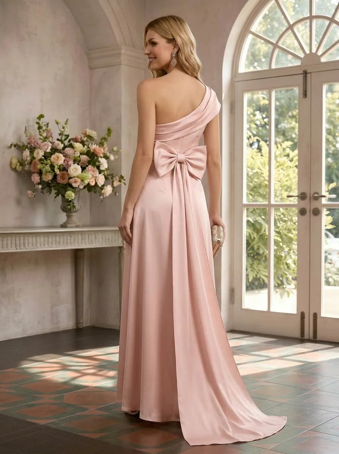 Satin High Low One Shoulder Formal Dresses with Bow