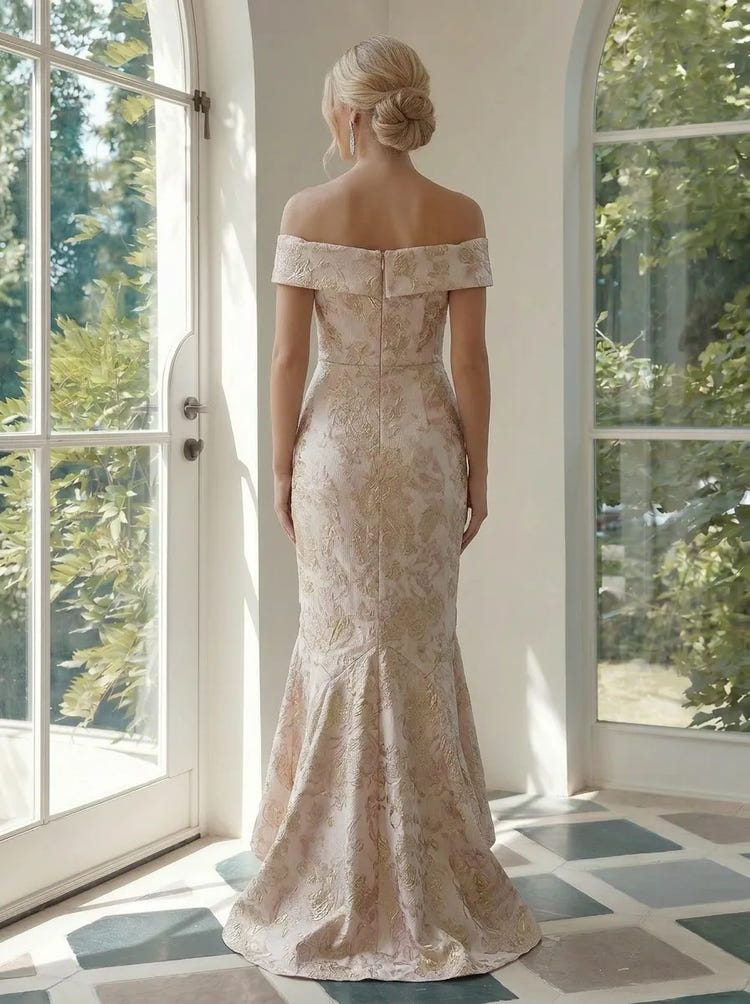 Jacquard High Low Off the Shoulder Formal Dresses with Side Slit