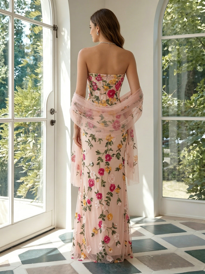 Tulle Mermaid Strapless Formal Dresses with Sequin Embroidery