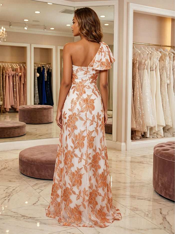 Tulle Mermaid One Shoulder Formal Dresses with Floral Embroidery