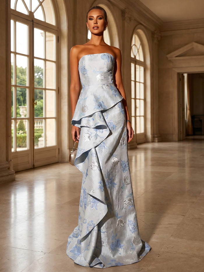 Jacquard Mermaid Strapless Formal Dresses with Ruffles
