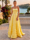 Satin A-Line Strapless Formal Dresses with 3D Flowers