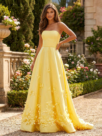 Satin A-Line Strapless Formal Dresses with 3D Flowers