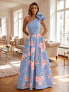 Satin A-Line One Shoulder Floral Print Formal Dresses