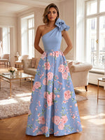 Satin A-Line One Shoulder Floral Print Formal Dresses
