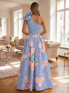 Satin A-Line One Shoulder Floral Print Formal Dresses