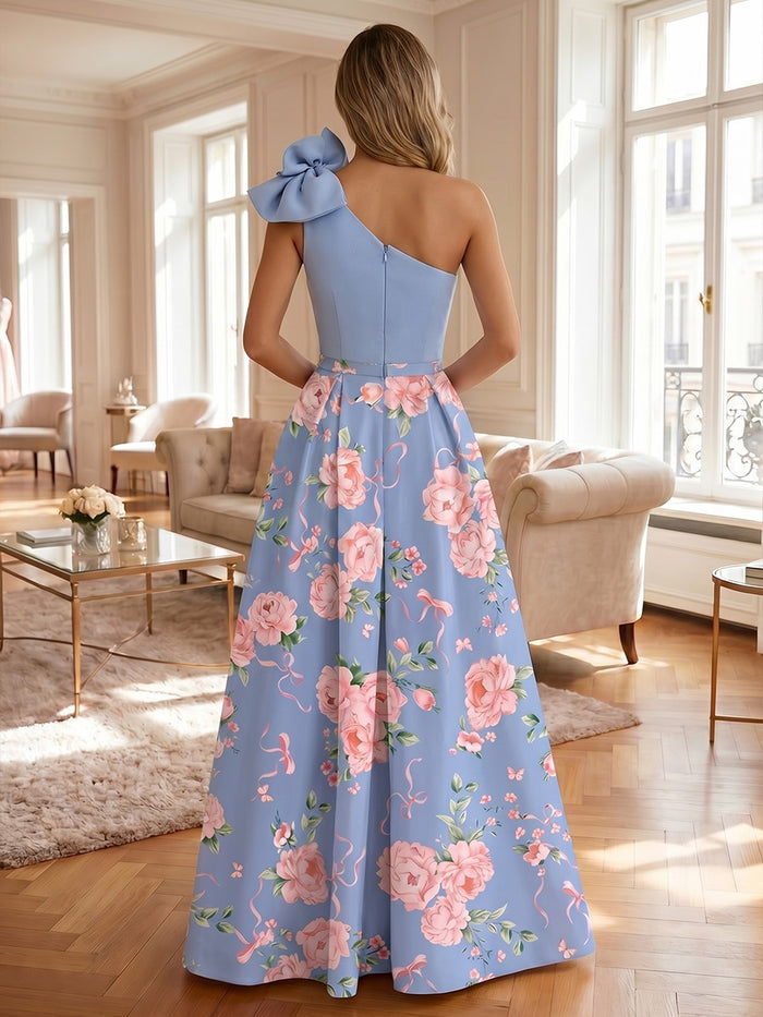 Satin A-Line One Shoulder Floral Print Formal Dresses