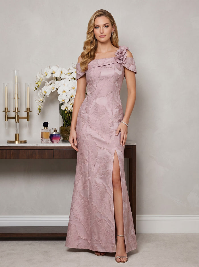 Jacquard Sheath Off the Shoulder Formal Dresses with Side Slit