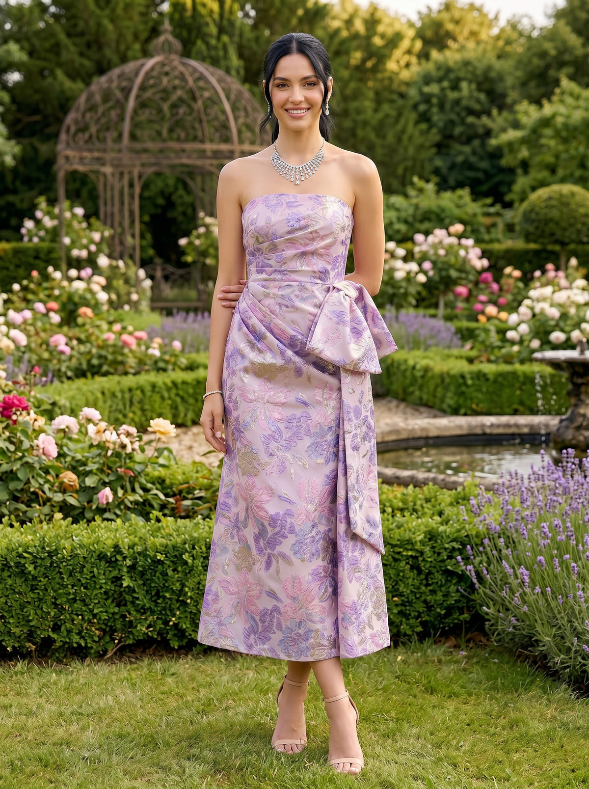 Jacquard Sheath Strapless Formal Dresses with Bow