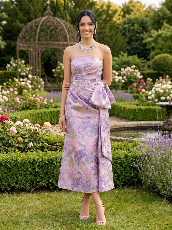 Jacquard Sheath Strapless Formal Dresses with Bow