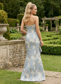 Jacquard Mermaid Strapless Formal Dresses with 3D Flowers