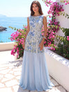 Jacquard A-Line Boat Neck  Formal Dresses with Floral Embroidery