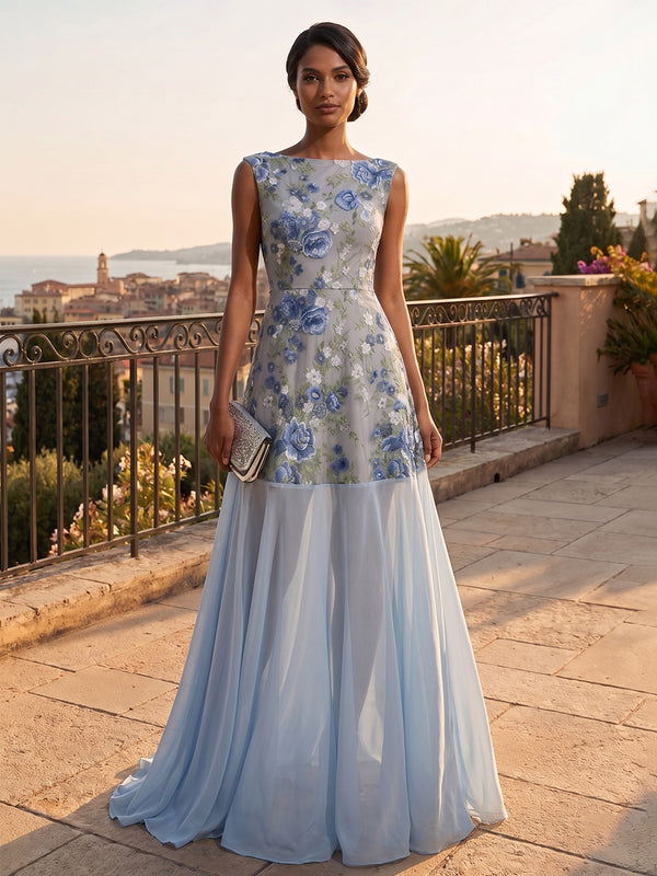 Jacquard A-Line Boat Neck  Formal Dresses with Floral Embroidery
