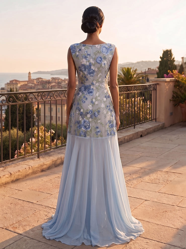 Jacquard A-Line Boat Neck  Formal Dresses with Floral Embroidery
