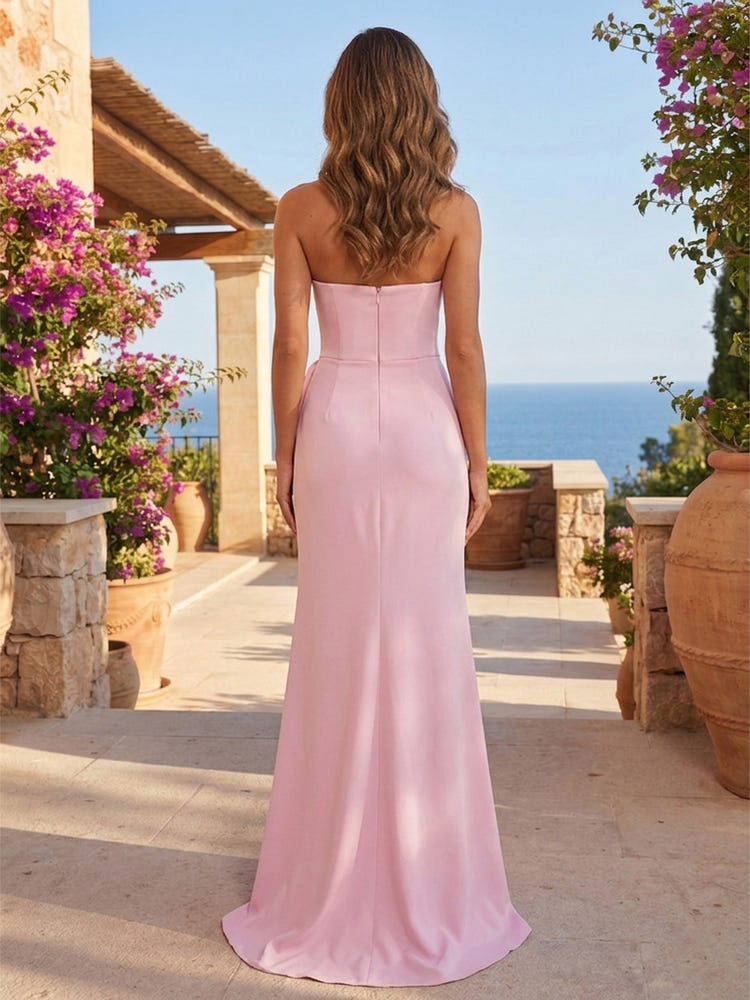Satin Mermaid Strapless Formal Dresses with 3D Flowers