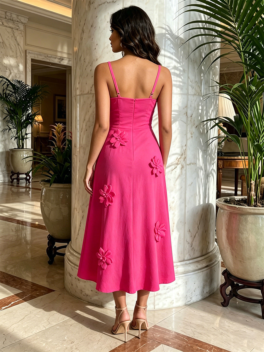 Satin A-Line Square Neck Formal Dresses with 3D Flowers