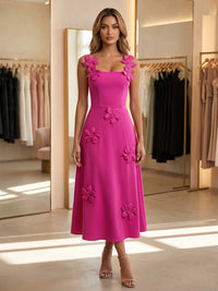 Satin A-Line Square Neck Formal Dresses with 3D Flowers