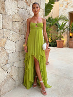 Chiffon High Low Spaghetti Straps Formal Dresses with Ruffles
