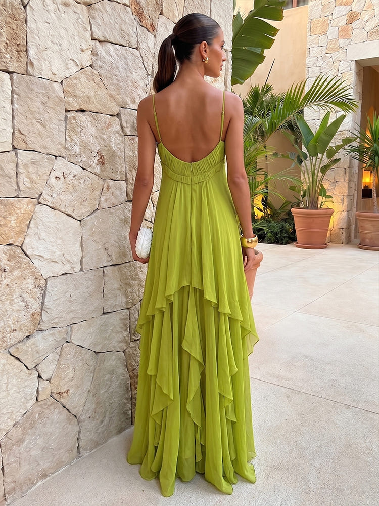 Chiffon High Low Spaghetti Straps Formal Dresses with Ruffles