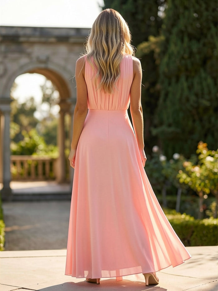 Chiffon A-Line Crew Neck Delicate Pleated Formal Dresses