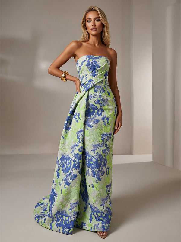 Jacquard Mermaid Strapless Pleated Formal Dresses
