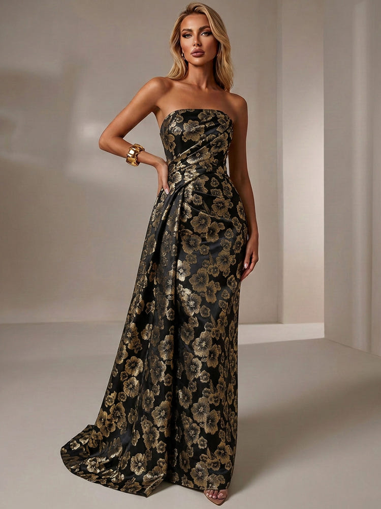Jacquard Mermaid Strapless Pleated Formal Dresses