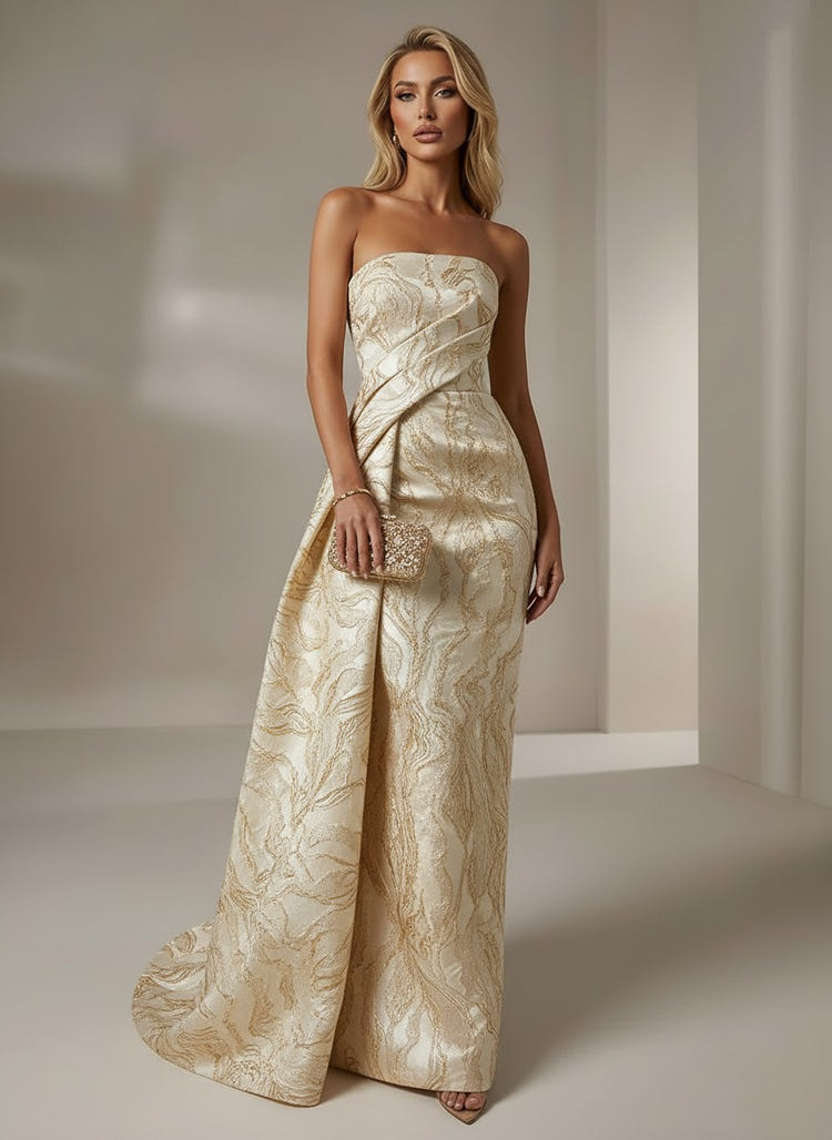 Jacquard Mermaid Strapless Pleated Formal Dresses