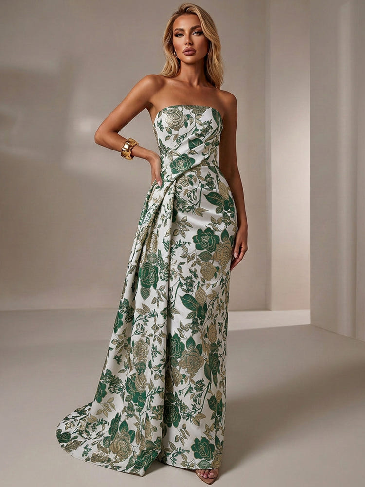 Jacquard Mermaid Strapless Pleated Formal Dresses