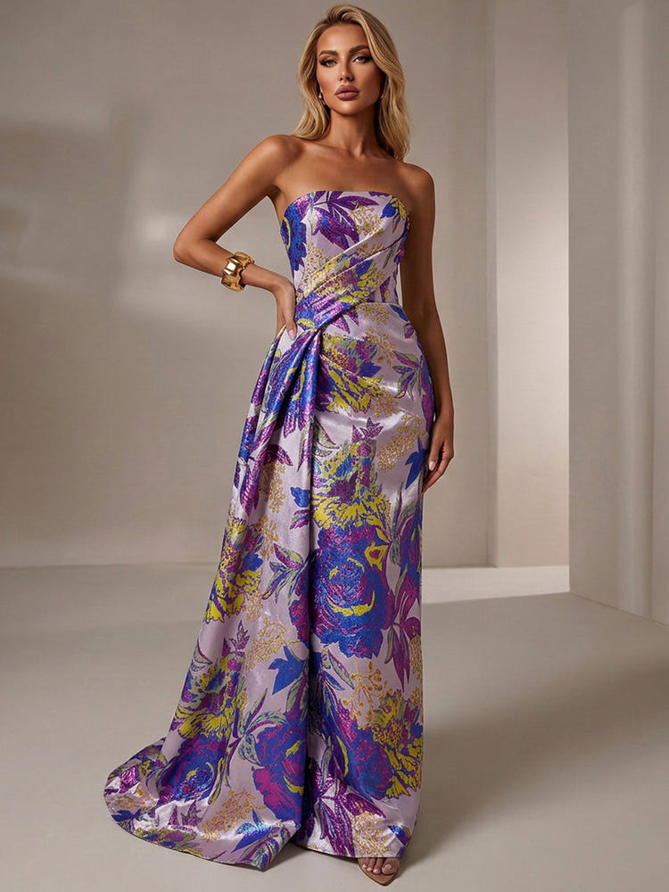 Jacquard Mermaid Strapless Pleated Formal Dresses