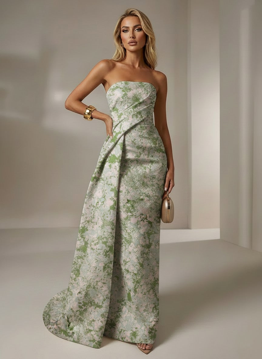 Jacquard Mermaid Strapless Pleated Formal Dresses