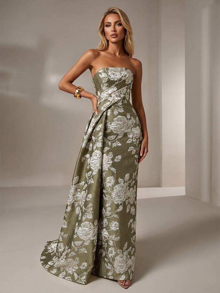Jacquard Mermaid Strapless Pleated Formal Dresses