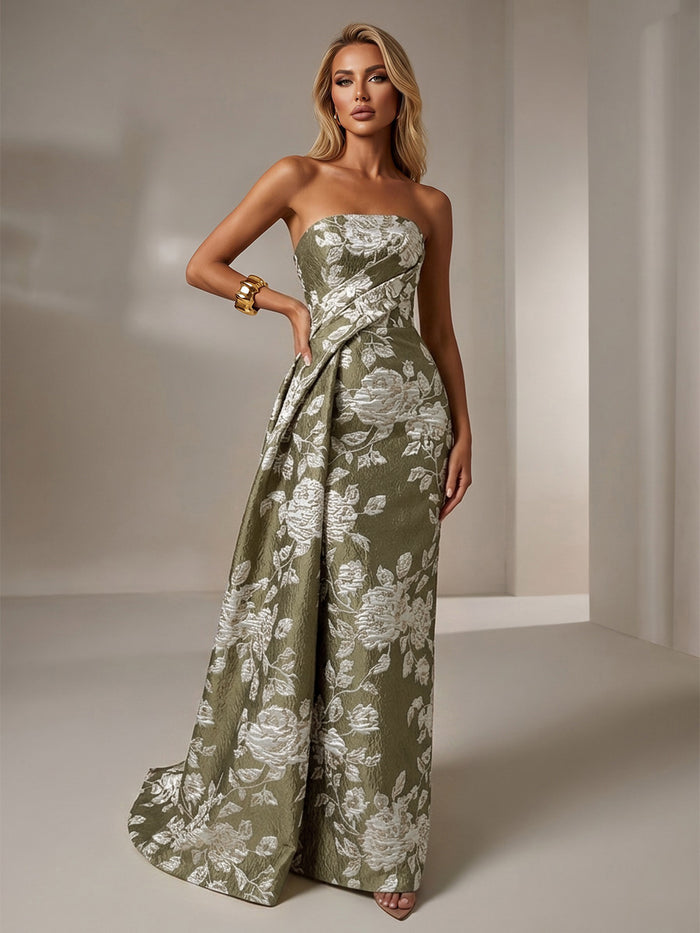 Jacquard Mermaid Strapless Pleated Formal Dresses