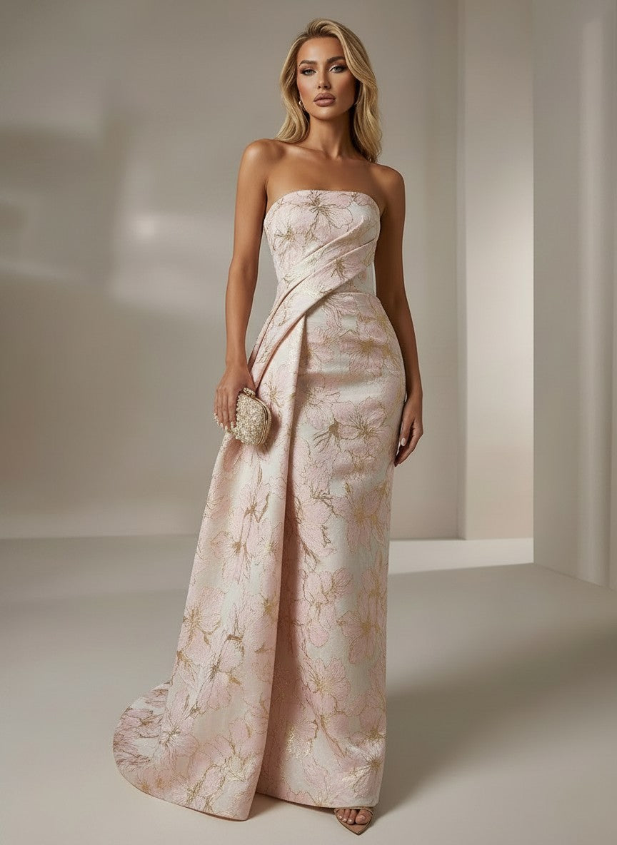Jacquard Mermaid Strapless Pleated Formal Dresses
