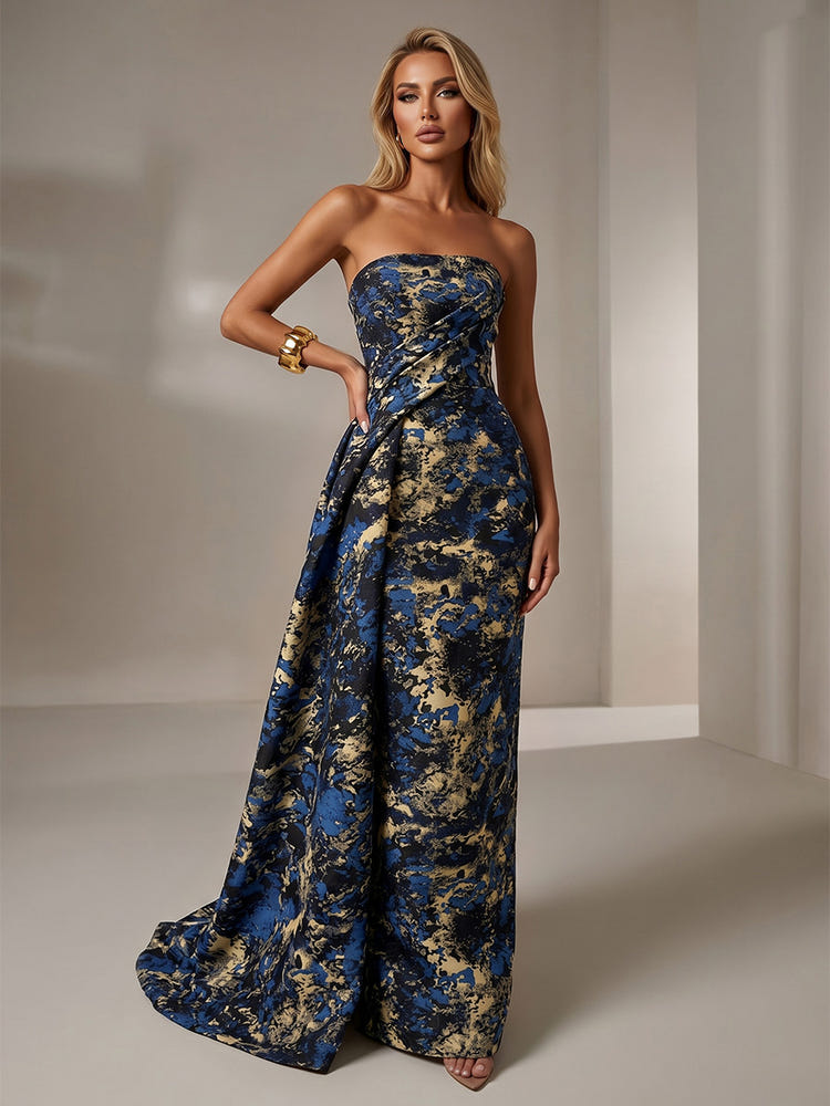 Jacquard Mermaid Strapless Pleated Formal Dresses