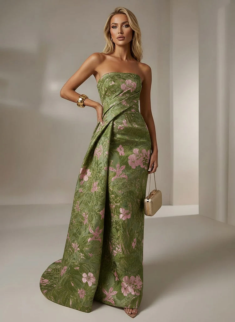 Jacquard Mermaid Strapless Pleated Formal Dresses