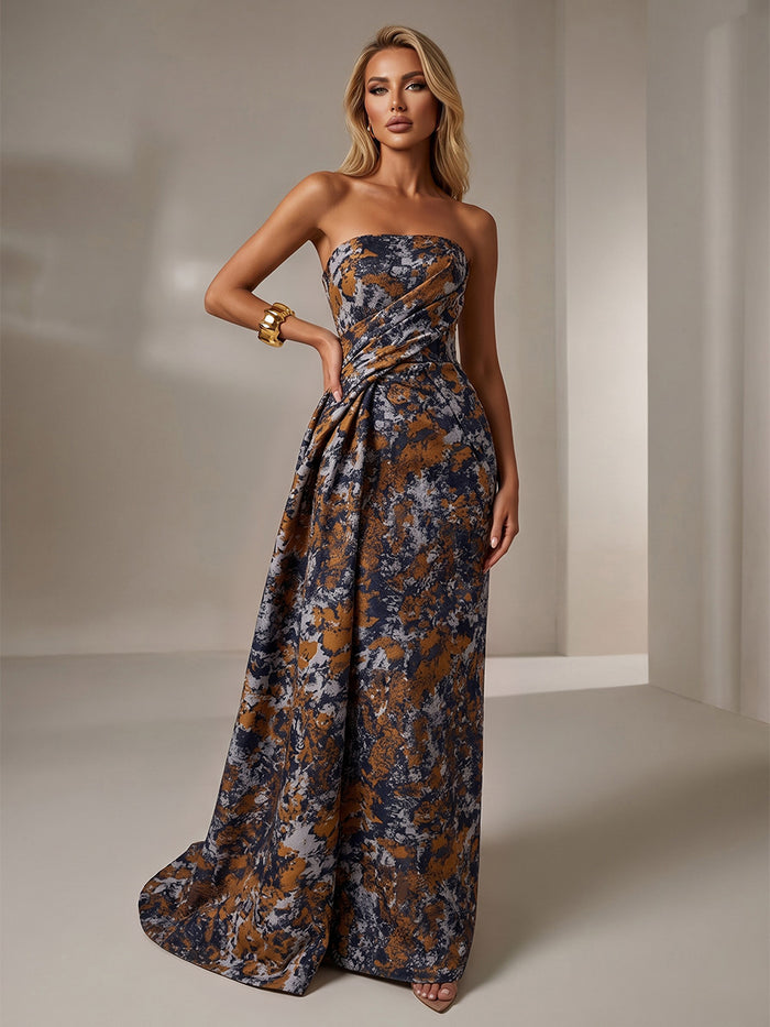 Jacquard Mermaid Strapless Pleated Formal Dresses