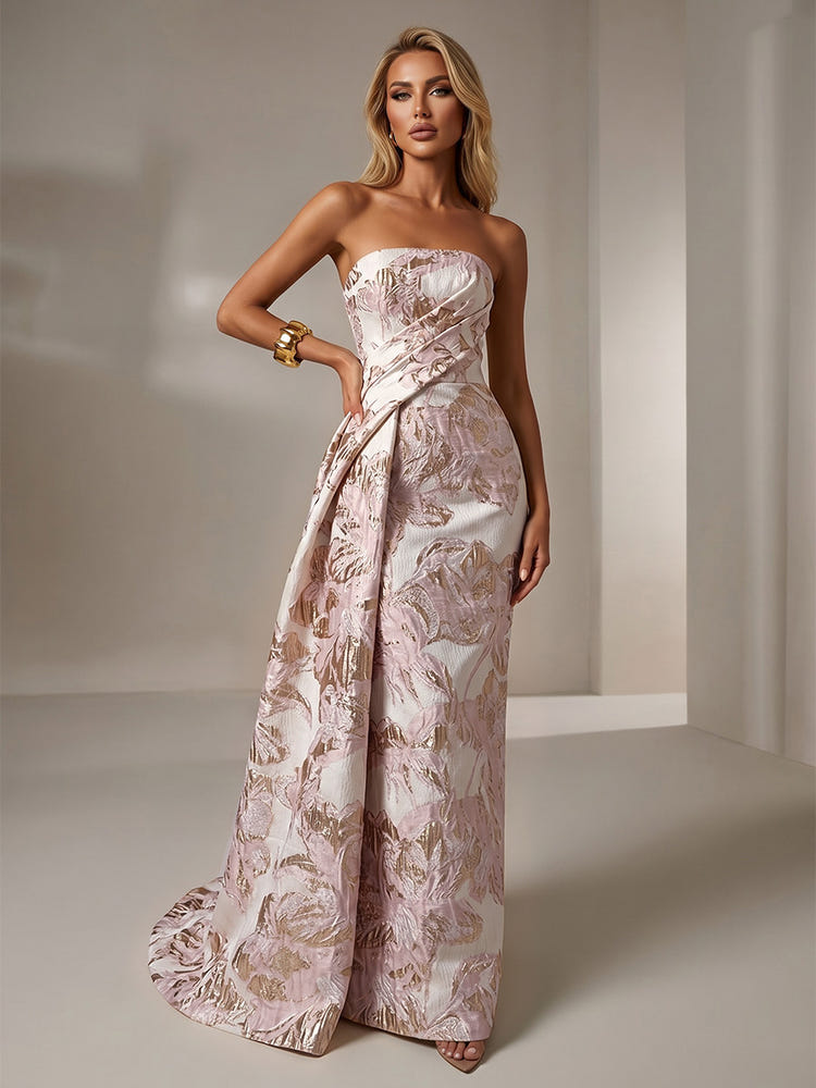 Jacquard Mermaid Strapless Pleated Formal Dresses
