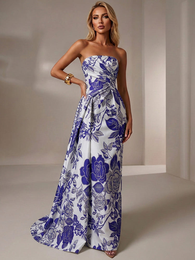 Jacquard Mermaid Strapless Pleated Formal Dresses