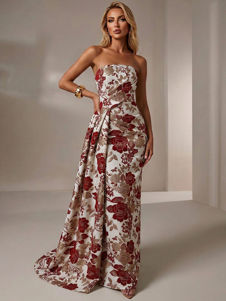 Jacquard Mermaid Strapless Pleated Formal Dresses