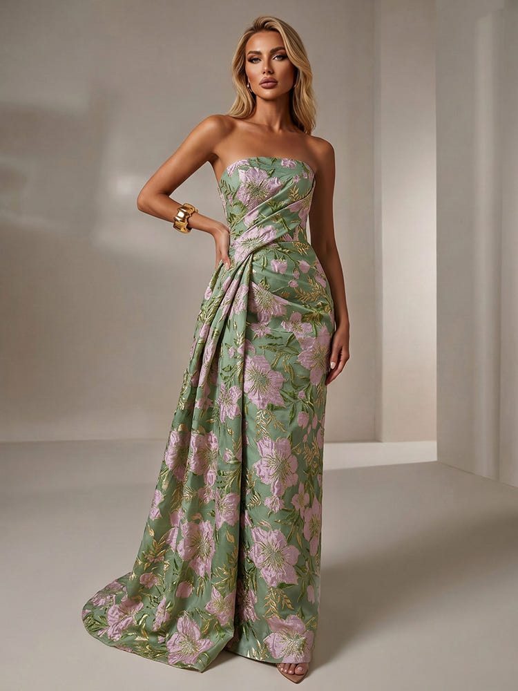 Jacquard Mermaid Strapless Pleated Formal Dresses