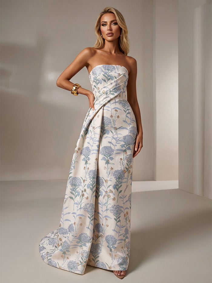 Jacquard Mermaid Strapless Pleated Formal Dresses