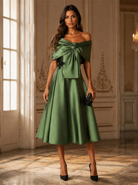 Satin A-Line Off the Shoulder Pleated Formal Dresses