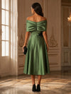 Satin A-Line Off the Shoulder Pleated Formal Dresses