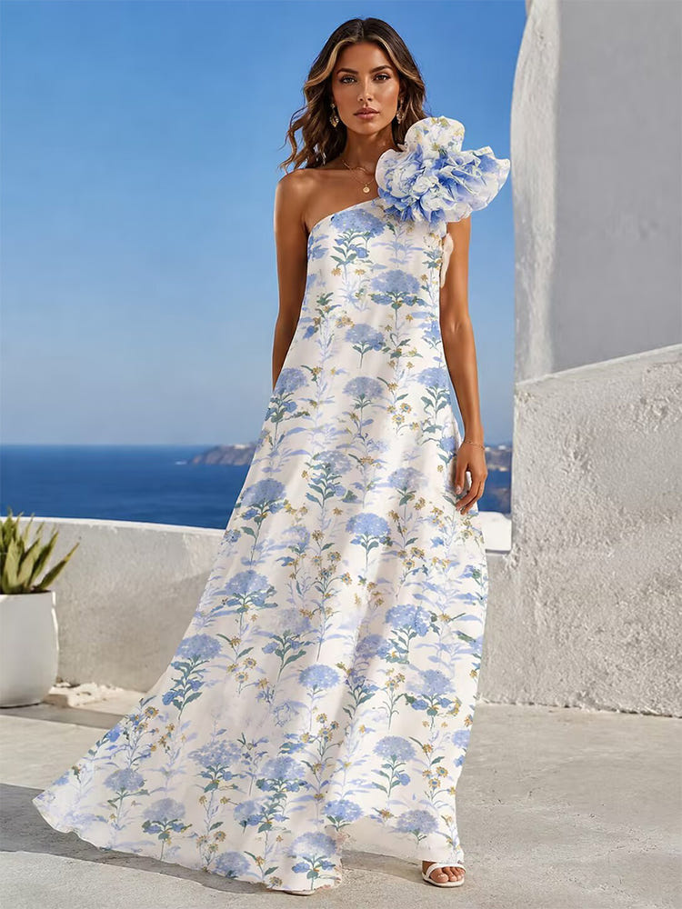 Chiffon A-Line One Shoulder Floral Print Formal Dresses